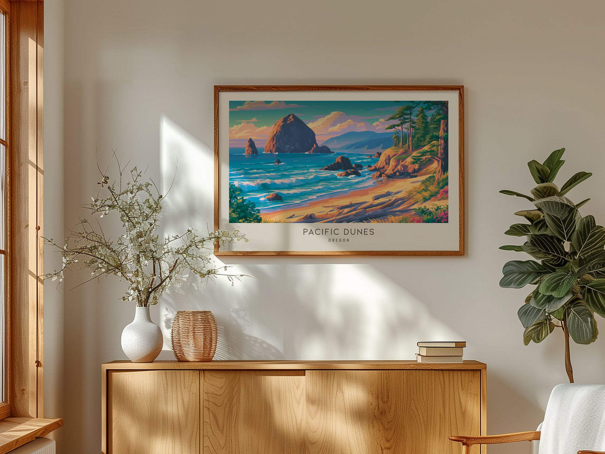 Pacific Dunes Landscape Matte Border Poster | Oregon Coastal Beach Decor — framed and ready to hang