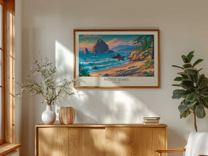 Pacific Dunes Landscape Matte Border Poster | Oregon Coastal Beach Decor — framed and ready to hang