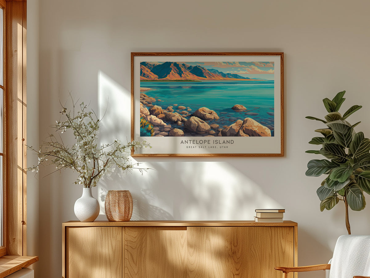 Antelope Island Landscape Matte Border Poster | Great Salt Lake, Utah Destination Print — framed and ready to hang