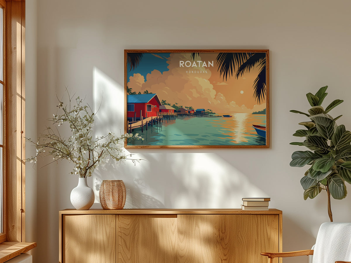 Roatan Landscape Poster | Honduras Destination Print Framed or Unframed Wall Art — framed and ready to hang