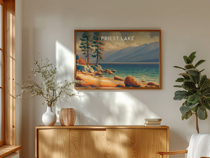 Priest Lake, Idaho Landscape Poster | Wilderness Lake Vacation Wall Art — framed and ready to hang