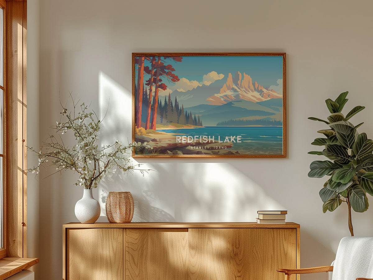 Redfish Lake Landscape Poster | Stanley, Idaho Vacation Wall Art — framed and ready to hang