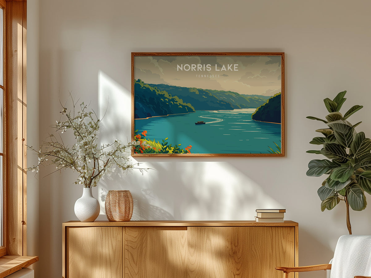 Norris Lake, Tennessee Landscape Poster | Lakeside Getaway Framed or Unframed Wall Art — framed and ready to hang