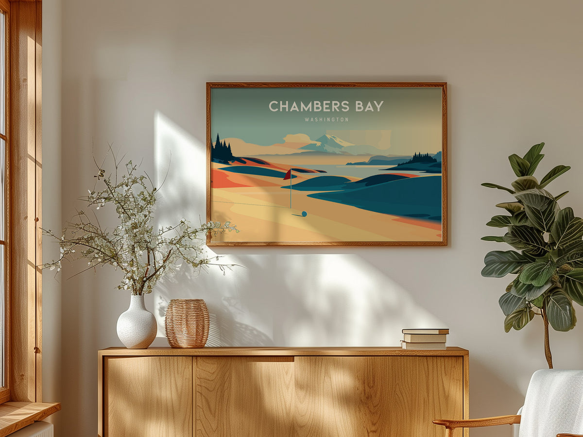 Chambers Bay, Washington Landscape Poster | Golf Wall Art & Framed or Unframed Wall Art — framed and ready to hang