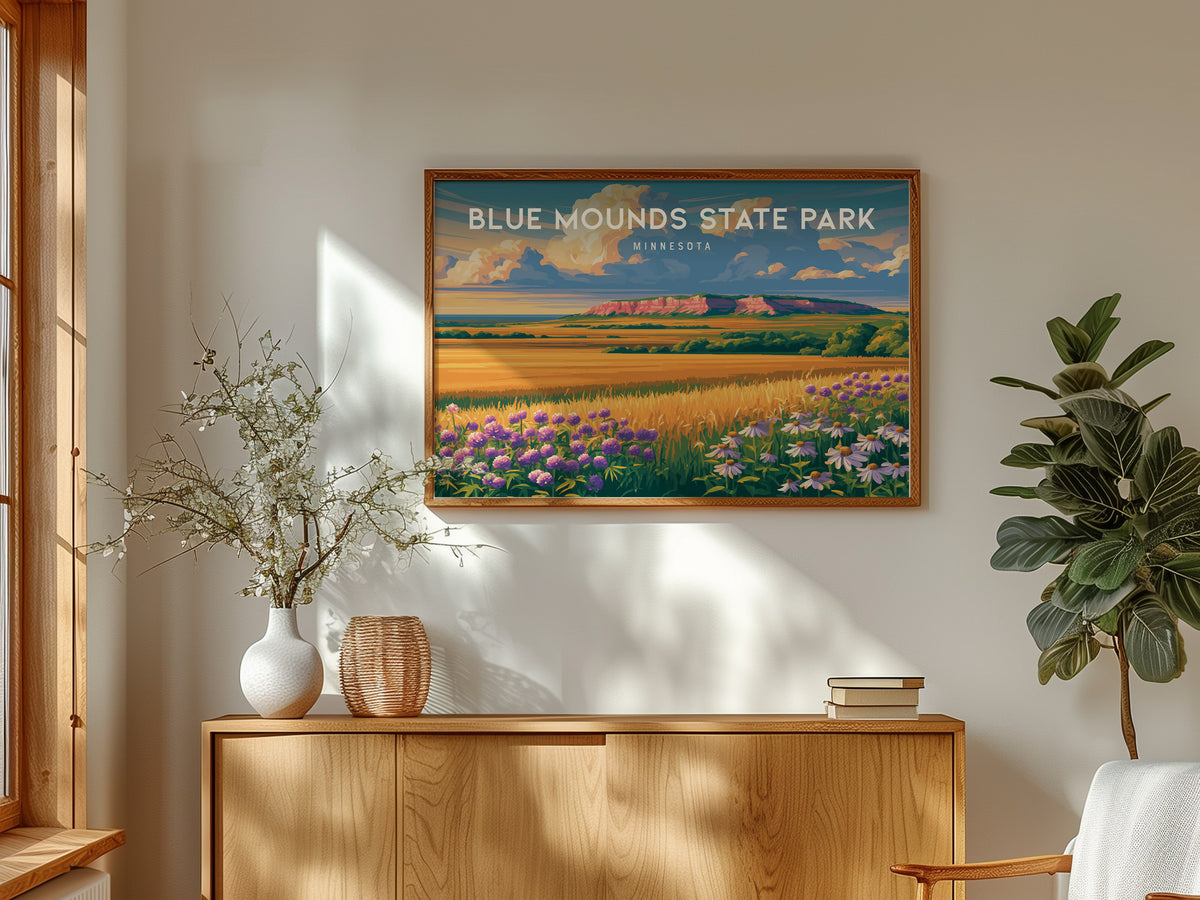 Blue Mounds State Park Landscape, Minnesota Poster | Tallgrass Prairie & Sioux Quartzite Framed or Unframed Wall Art — framed