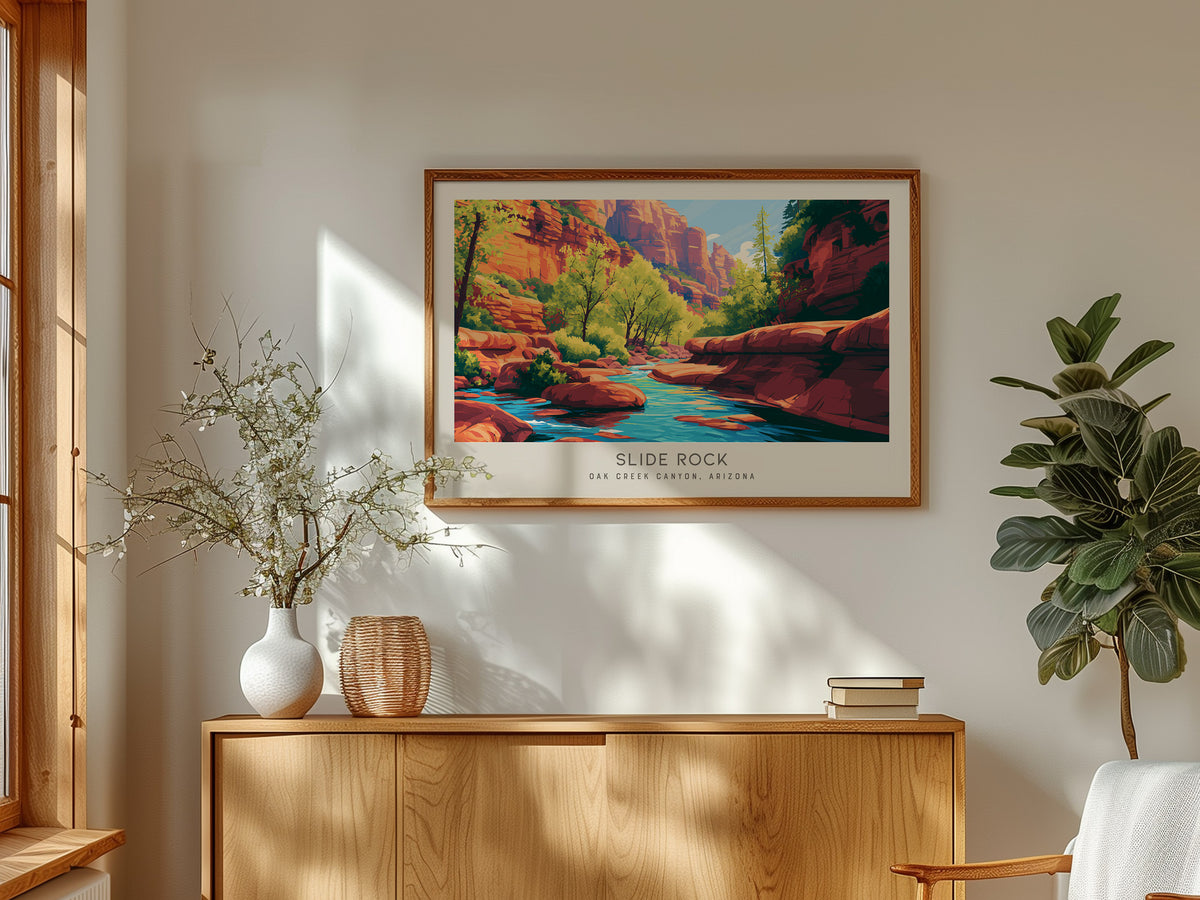 Slide Rock Landscape Matte Border Poster | Oak Creek Canyon, Arizona Travel Wall Art — framed and ready to hang