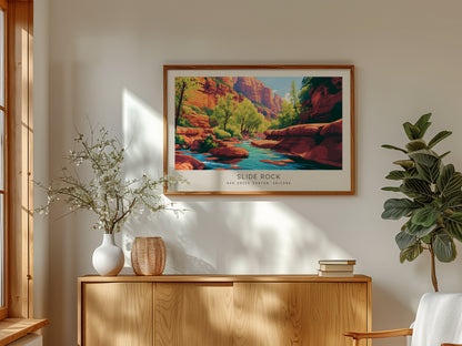 Slide Rock Landscape Matte Border Poster | Oak Creek Canyon, Arizona Travel Wall Art — framed and ready to hang