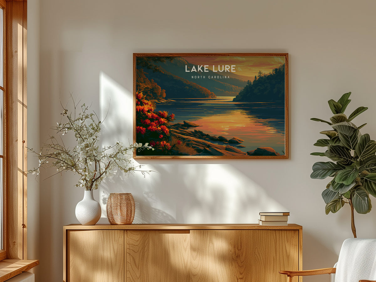 Lake Lure, North Carolina Landscape Poster | Blue Ridge Travel Gift Wall Art — framed and ready to hang