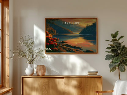 Lake Lure, North Carolina Landscape Poster | Blue Ridge Travel Gift Wall Art — framed and ready to hang