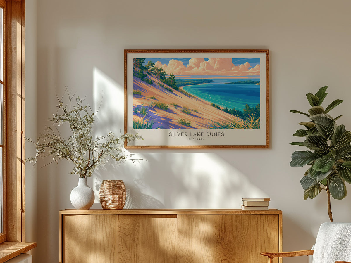 Silver Lake Dunes Landscape Matte Border Poster | Michigan Vacation Wall Art — framed and ready to hang