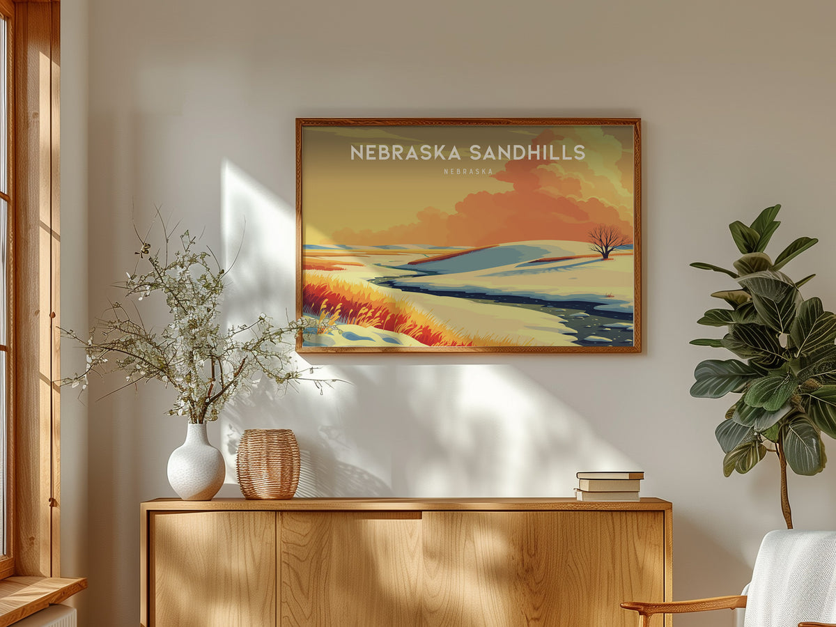 Nebraska Sandhills Landscape Poster | Nebraska Vacation Wall Art Framed or Unframed — framed and ready to hang