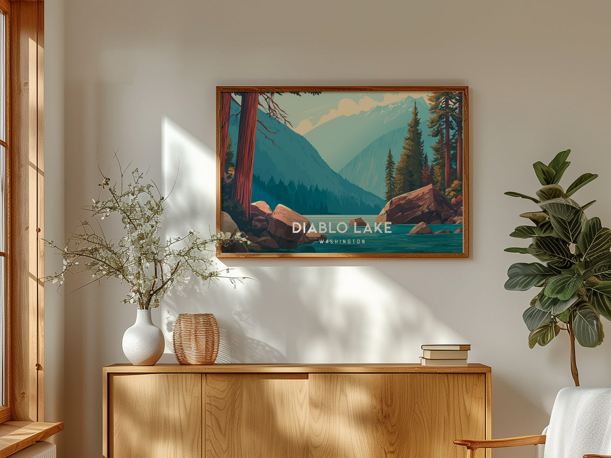 Diablo Lake Landscape, Washington Poster | Mountain Lake Vacation Wall Art — framed and ready to hang
