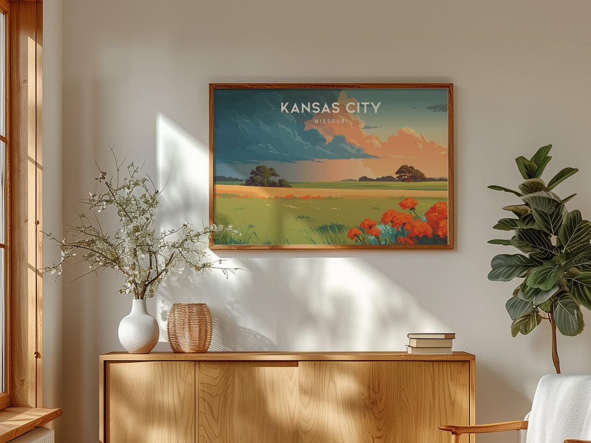 Kansas City, Missouri Landscape Poster | BBQ Jazz & Skyline Travel Gift Wall Art — framed and ready to hang