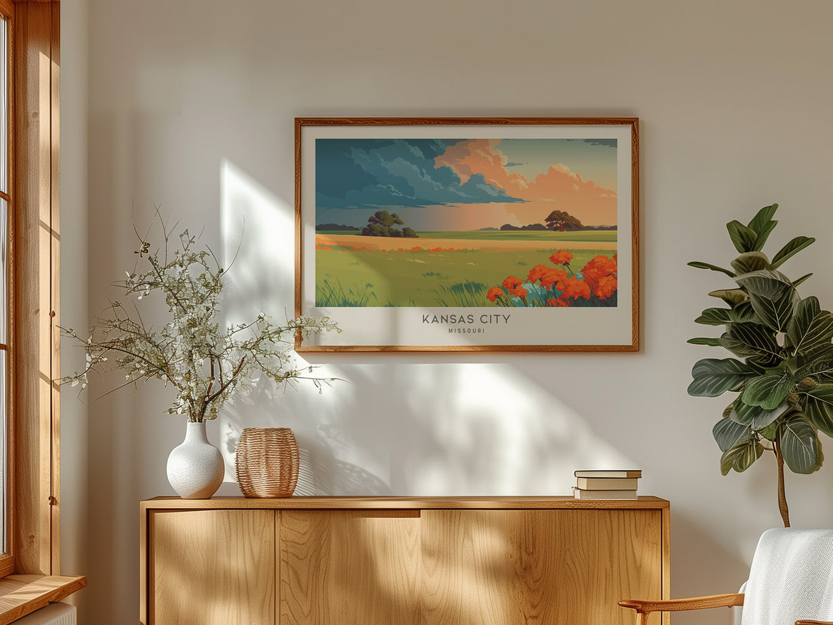 Kansas City Landscape Matte Border Poster | Missouri Vacation Wall Art — framed and ready to hang