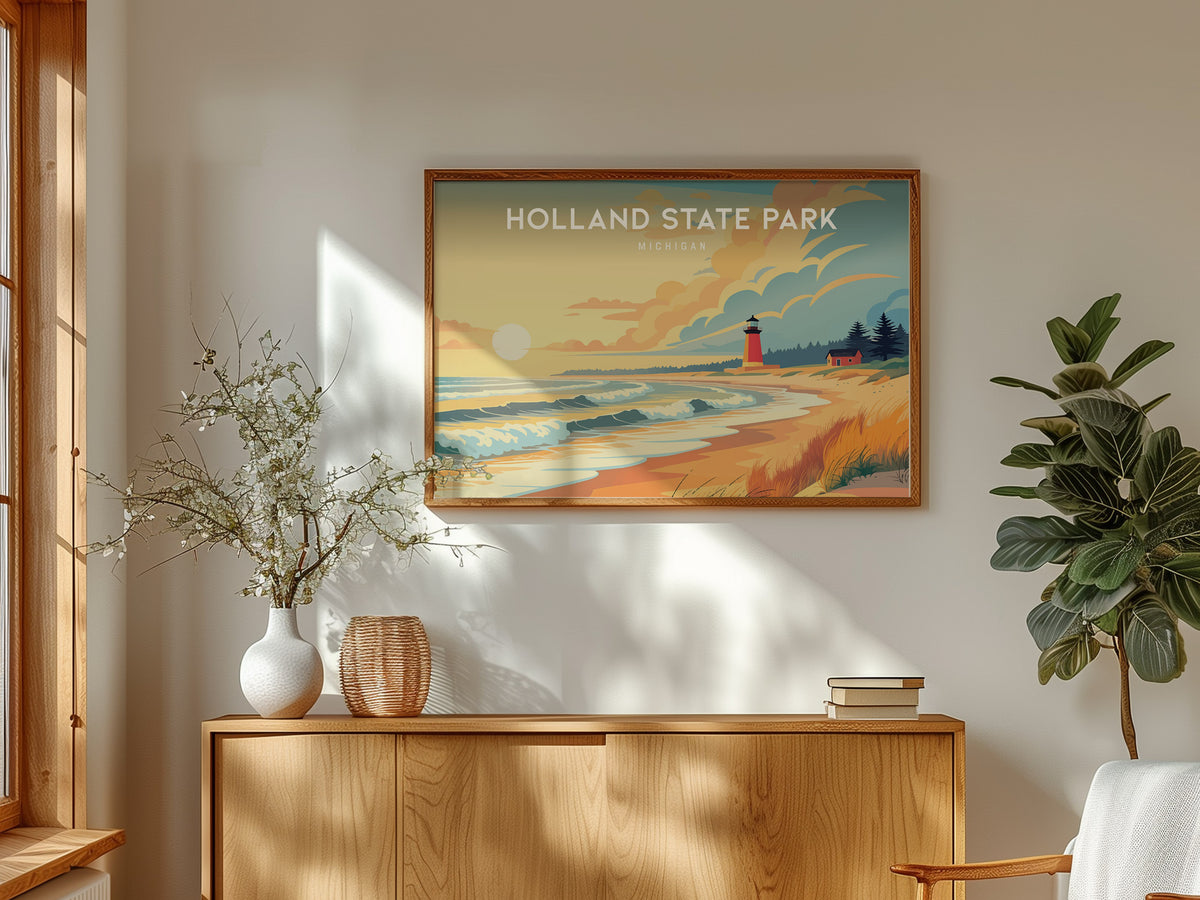 Holland State Park Landscape, Michigan Poster | Big Red Lighthouse Destination Print Wall Art — framed and ready to hang
