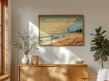 Holland State Park Landscape, Michigan Poster | Big Red Lighthouse Destination Print Wall Art — framed and ready to hang