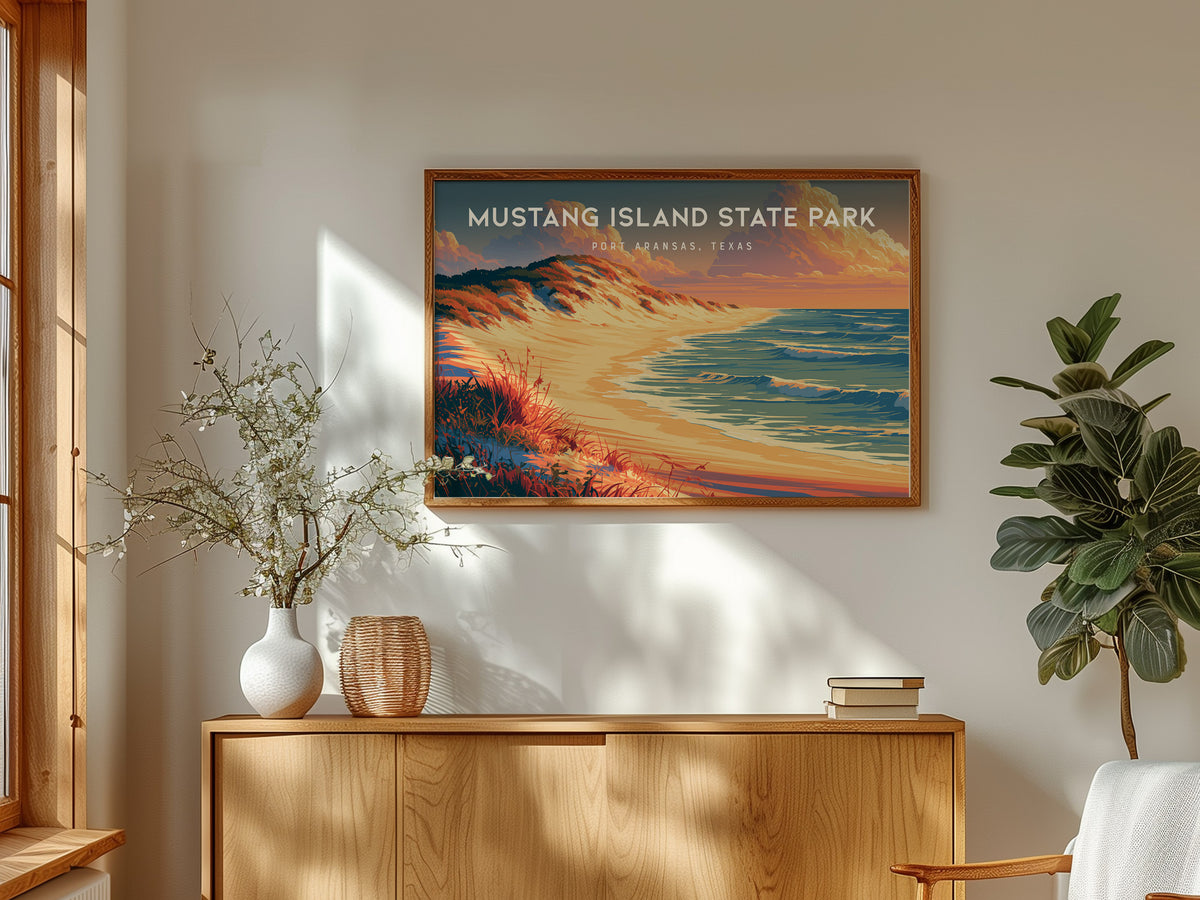 Mustang Island State Park, Port Aransas, Texas Landscape Poster | Coastal Beach Decor Wall Art — framed and ready to hang