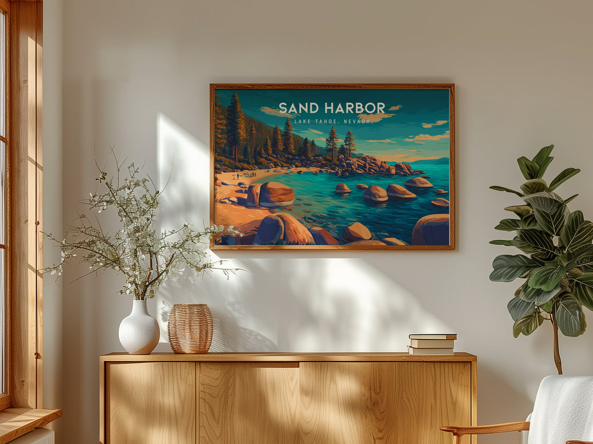 Sand Harbor Landscape Poster | Lake Tahoe, Nevada Travel Gift Destination Print — framed and ready to hang