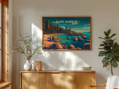 Sand Harbor Landscape Poster | Lake Tahoe, Nevada Travel Gift Destination Print — framed and ready to hang