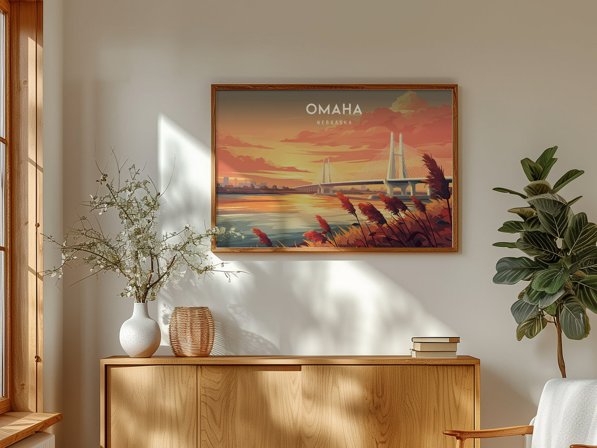 Omaha, Nebraska Landscape Poster | Midwest Cityscape Travel Gift Wall Art — framed and ready to hang
