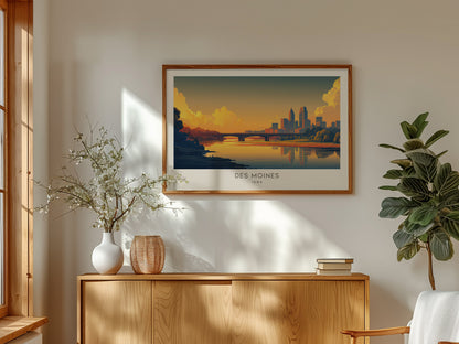Des Moines Landscape Matte Border Poster | Iowa Travel Wall Art — framed and ready to hang
