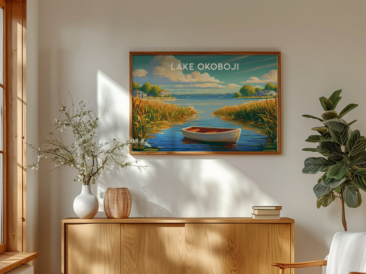 Lake Okoboji, Iowa Landscape Poster | Great Lakes Vacation Wall Art — framed and ready to hang