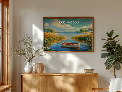 Lake Okoboji, Iowa Landscape Poster | Great Lakes Vacation Wall Art — framed and ready to hang