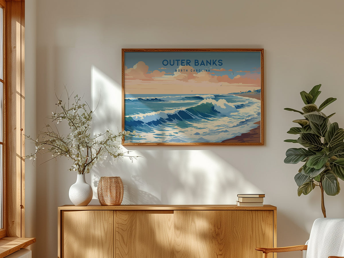 Outer Banks, North Carolina Landscape Poster | Coastal Beach Decor Wall Art — framed and ready to hang