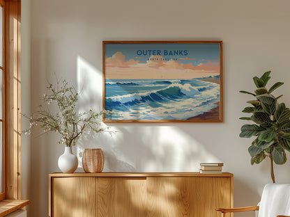 Outer Banks, North Carolina Landscape Poster | Coastal Beach Decor Wall Art — framed and ready to hang