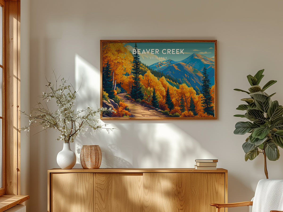 Beaver Creek, Colorado Landscape Poster | Snowy Slopes & Lodge Vacation Wall Art — framed and ready to hang