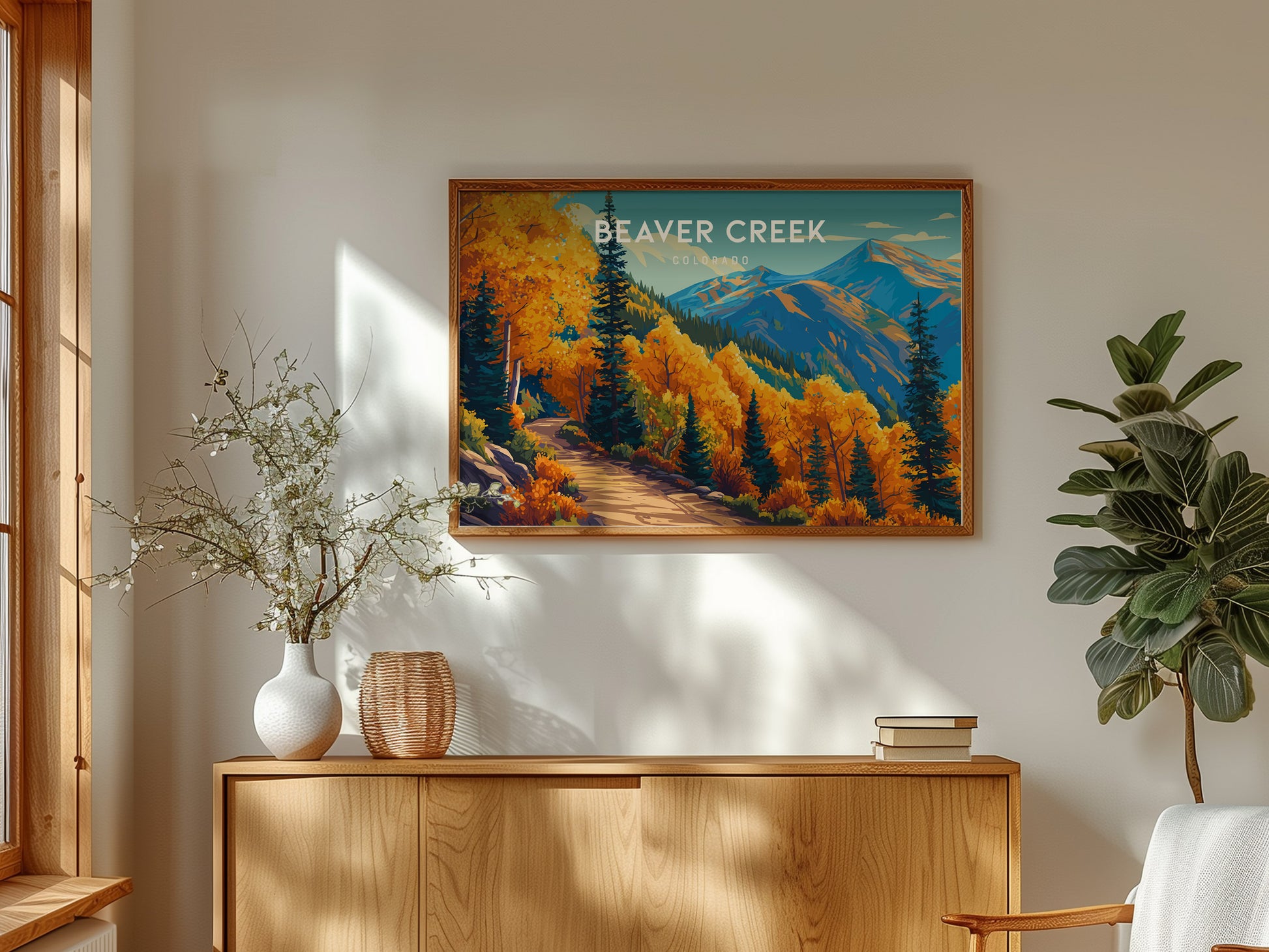 Beaver Creek, Colorado Landscape Poster | Snowy Slopes & Lodge Vacation Wall Art — framed and ready to hang