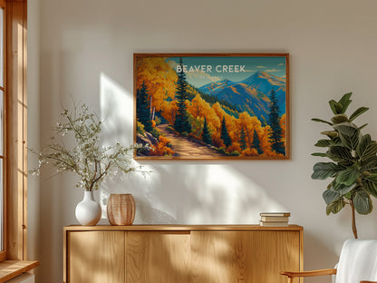 Beaver Creek, Colorado Landscape Poster | Snowy Slopes & Lodge Vacation Wall Art — framed and ready to hang