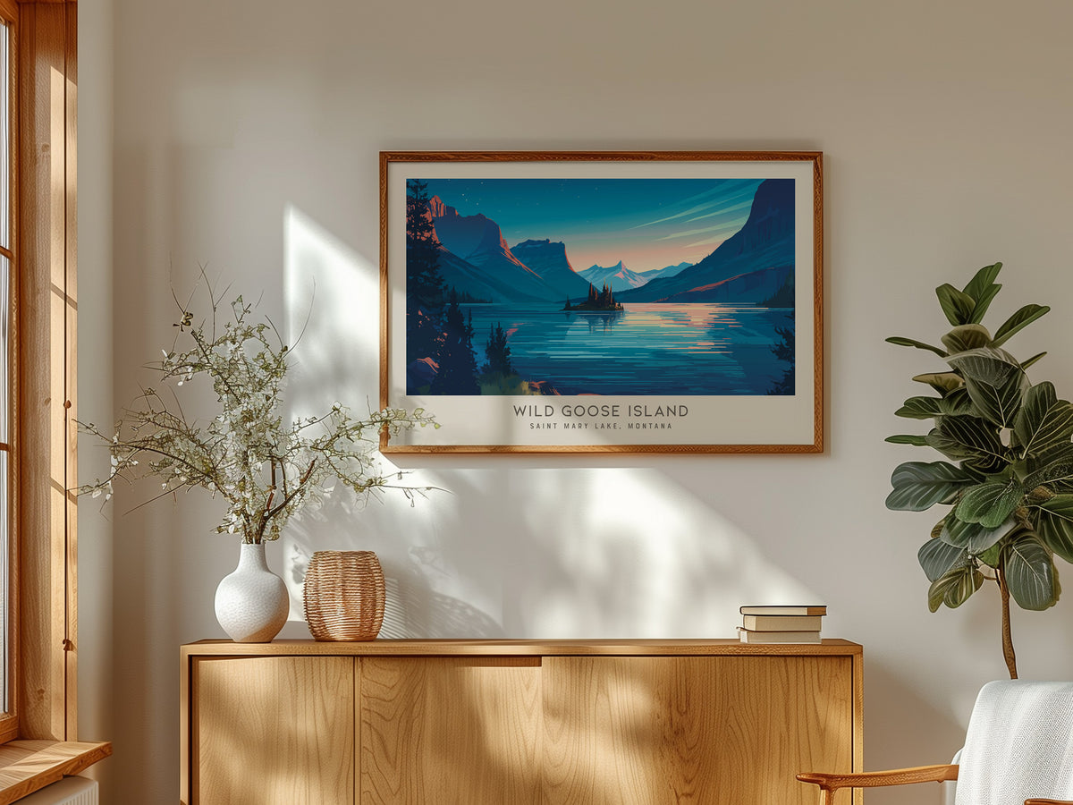 Wild Goose Island Landscape Matte Border Poster | Saint Mary Lake, Montana Destination Print — framed and ready to hang
