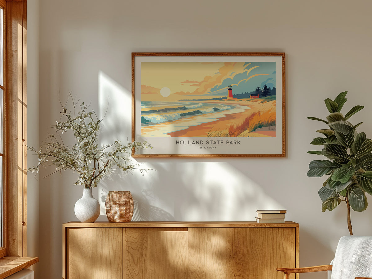 Holland State Park Landscape Matte Border Poster | Michigan Beach House Decor Vacation Wall Art — framed and ready to hang
