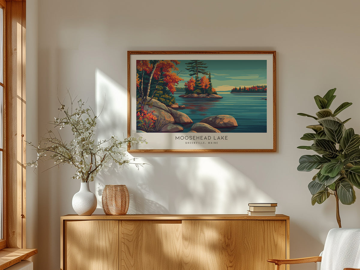 Moosehead Lake Landscape Matte Border Poster | Greenville, Maine Vacation Wall Art — framed and ready to hang