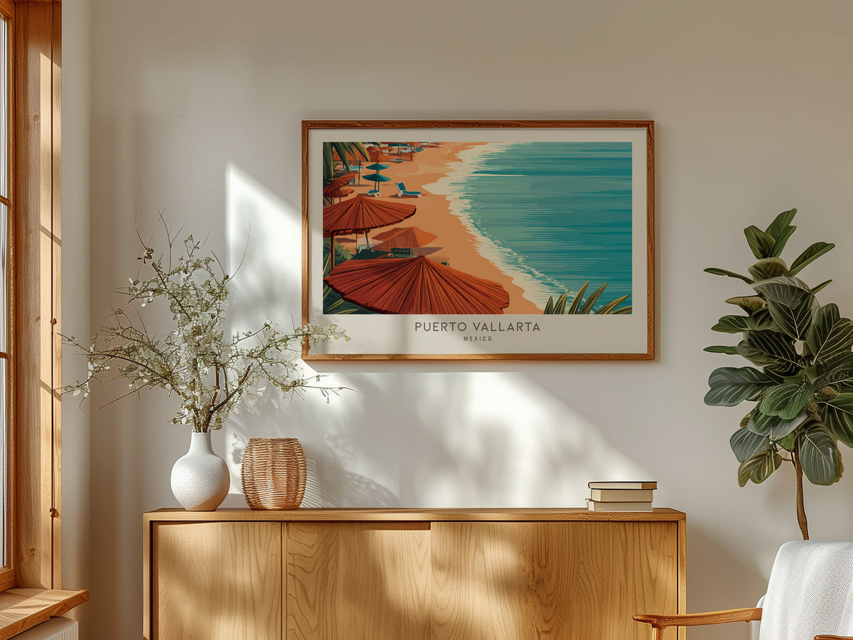 Puerto Vallarta Landscape Matte Border Poster | Mexico Destination Print Travel Wall Art — framed and ready to hang