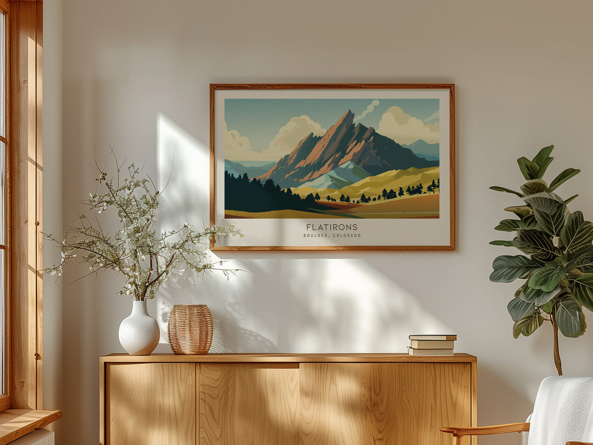 Flatirons Landscape Matte Border Poster | Boulder, Colorado Travel Wall Art — framed and ready to hang