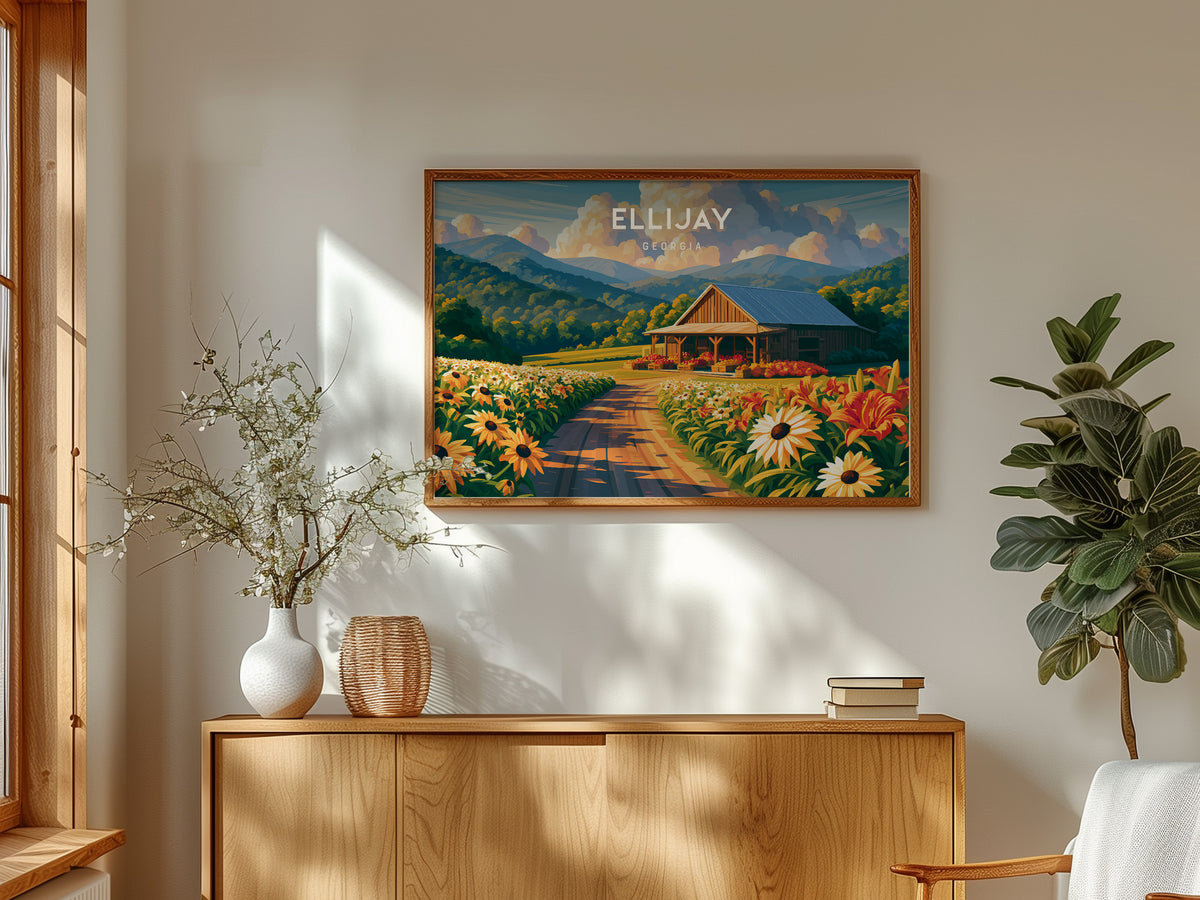 Ellijay Landscape Poster | Georgia Small Town Framed or Unframed Wall Art — framed and ready to hang