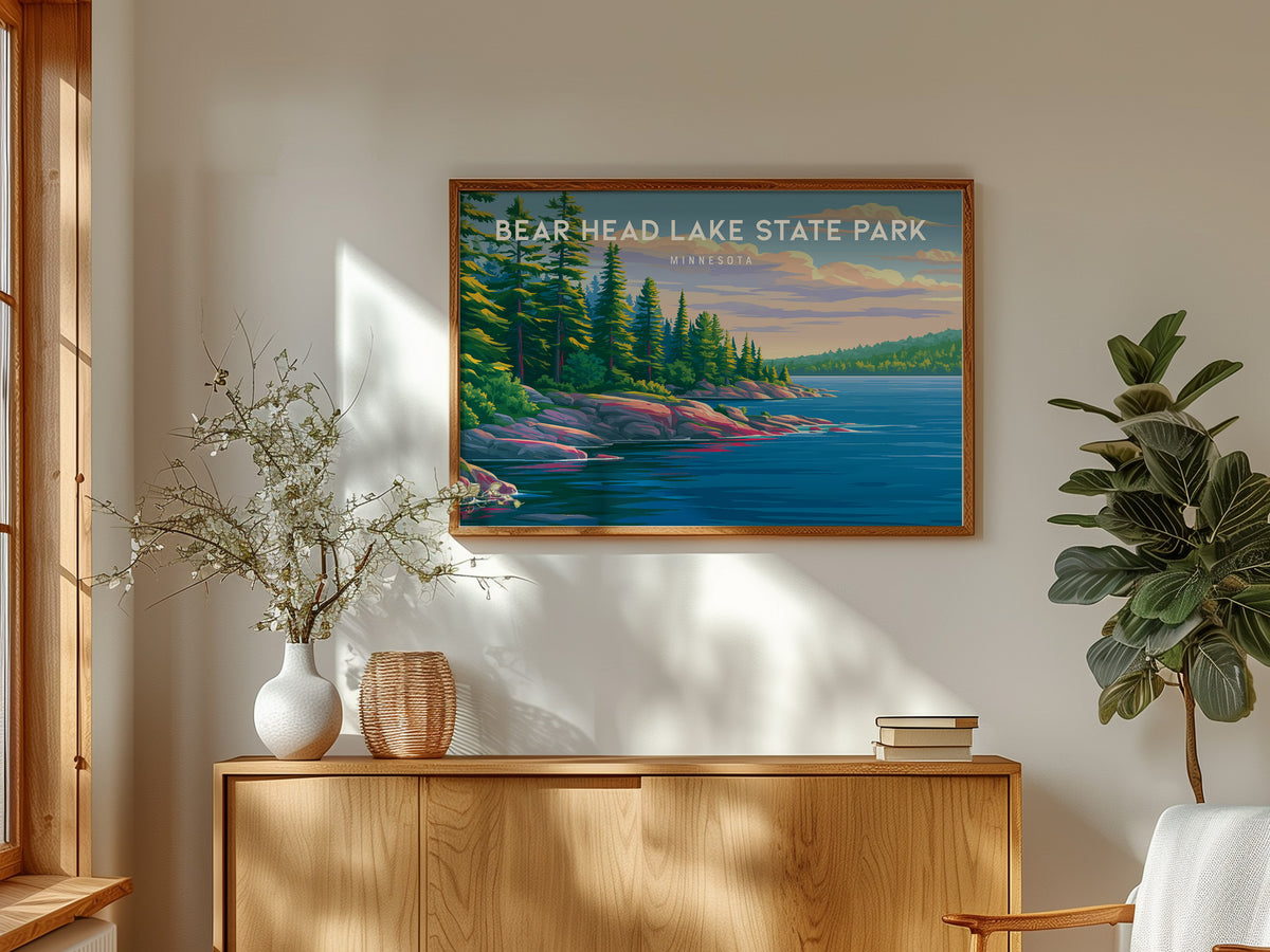 Bear Head Lake State Park Landscape, Minnesota Poster | Northwoods Lake Retreat Framed or Unframed Wall Art — framed and read