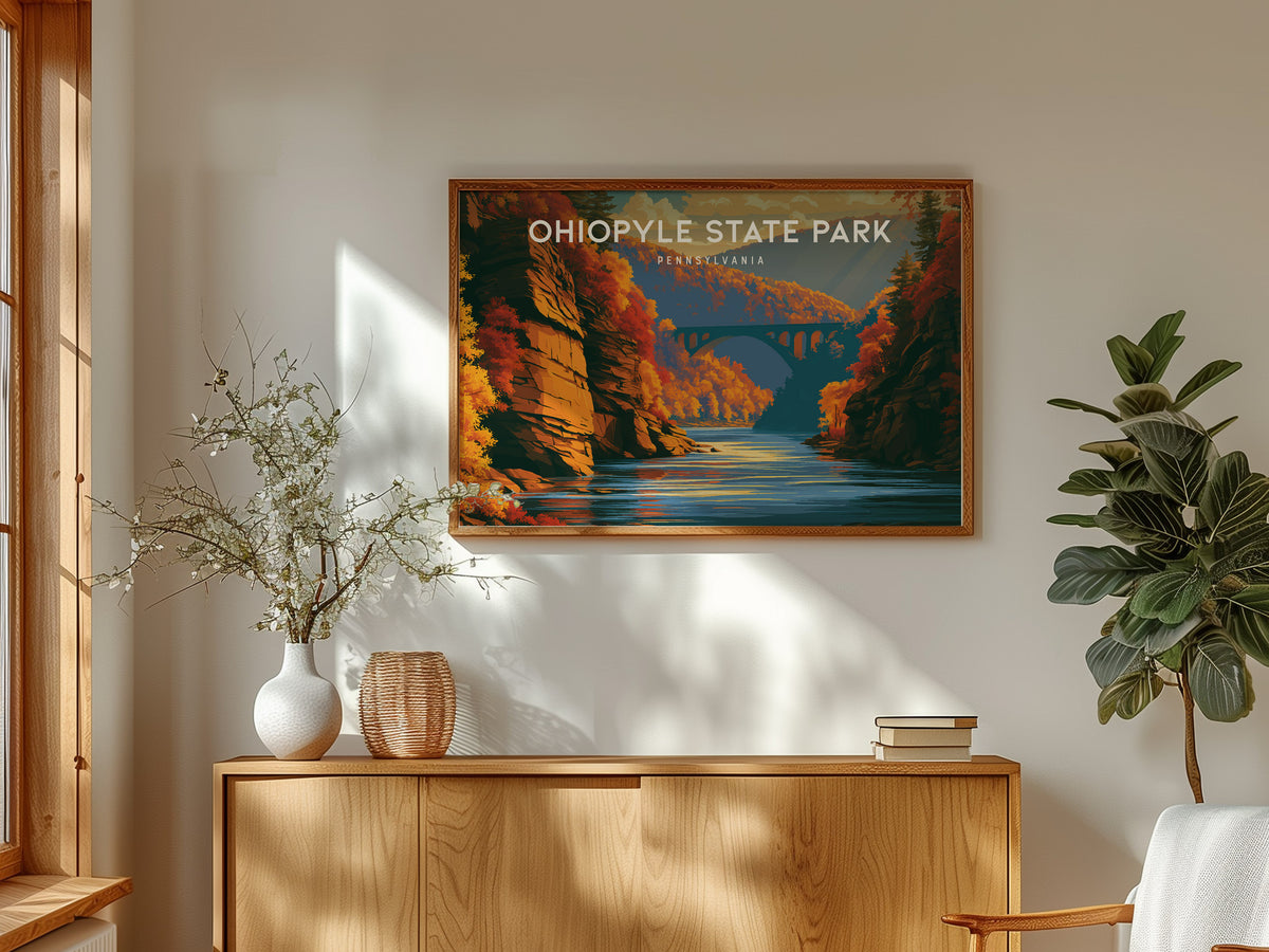 Ohiopyle State Park Landscape Poster | Pennsylvania Framed or Unframed Travel Gift Wall Art — framed and ready to hang