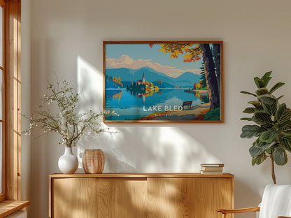 Lake Bled, Slovenia Landscape Poster | Medieval Castle & Alpine Lake Vacation Wall Art — framed and ready to hang