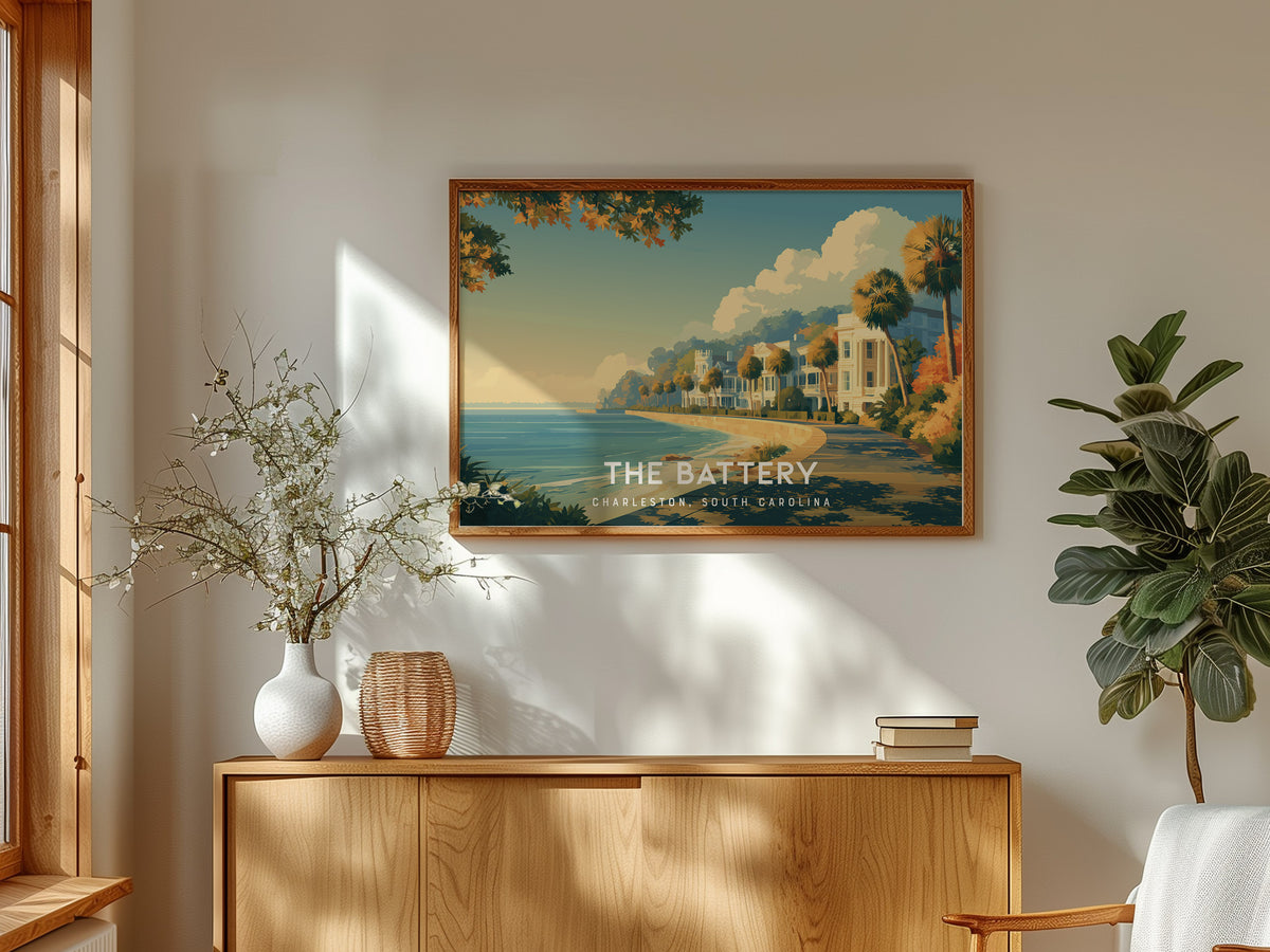 The Battery Landscape Poster | Charleston, South Carolina Destination Print Framed or Unframed Wall Art — framed and ready to