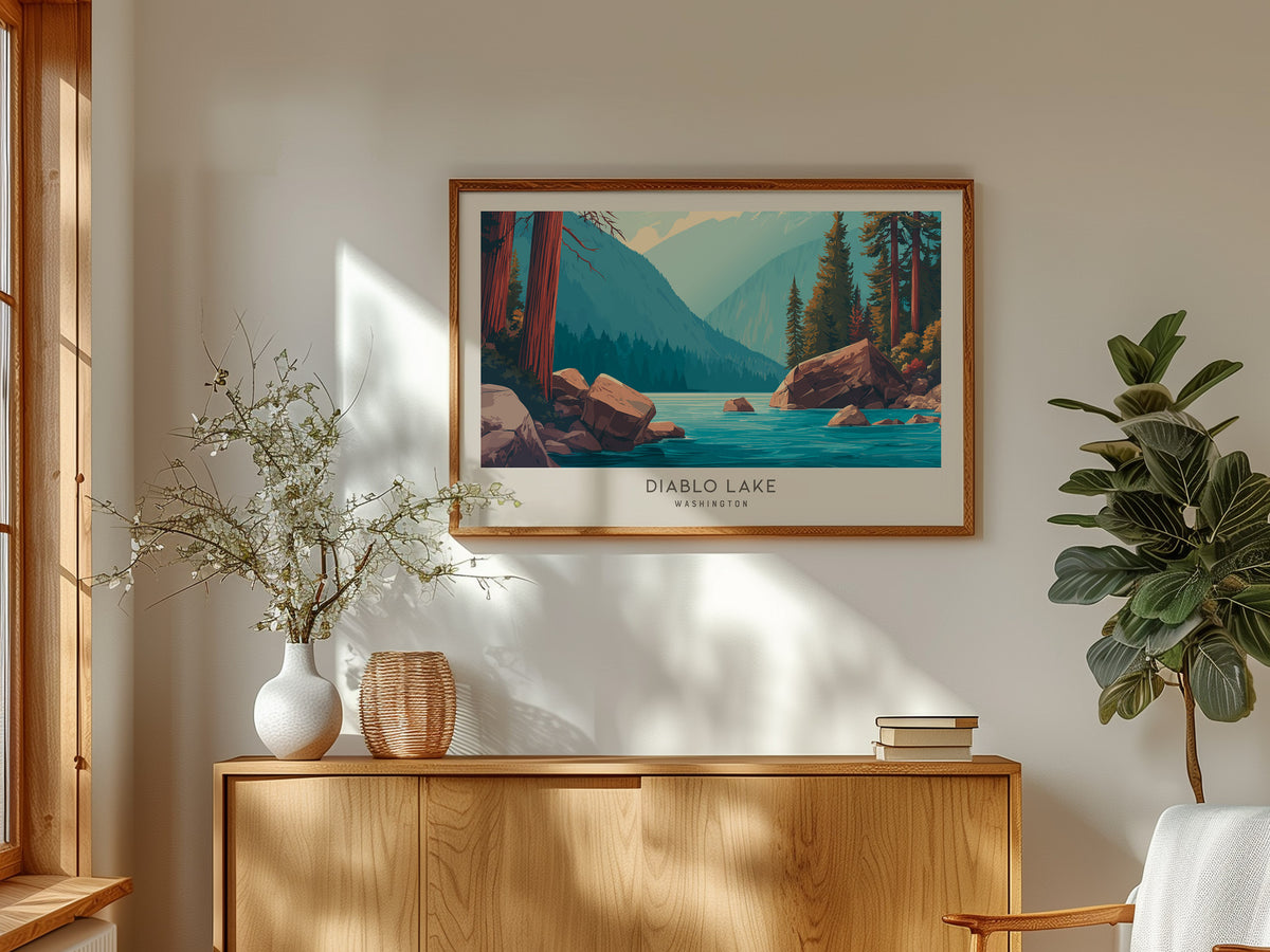 Diablo Lake Landscape Matte Border Poster | Washington Framed or Unframed Travel Gift — framed and ready to hang