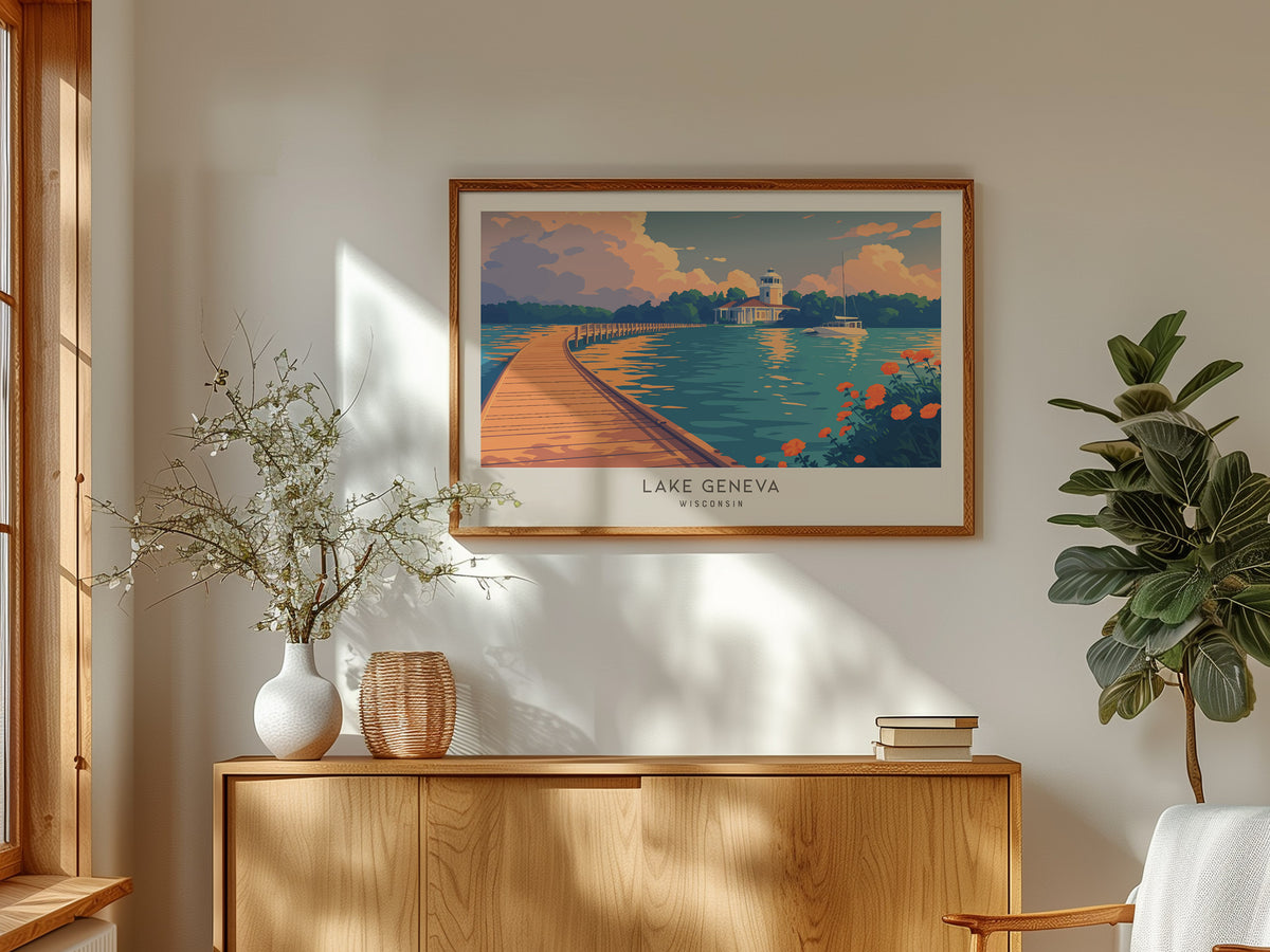 Lake Geneva Landscape Matte Border Poster | Wisconsin Vacation Wall Art — framed and ready to hang
