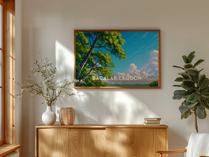 Bacalar Lagoon Landscape Poster | Mexico Vacation Wall Art Destination Print — framed and ready to hang