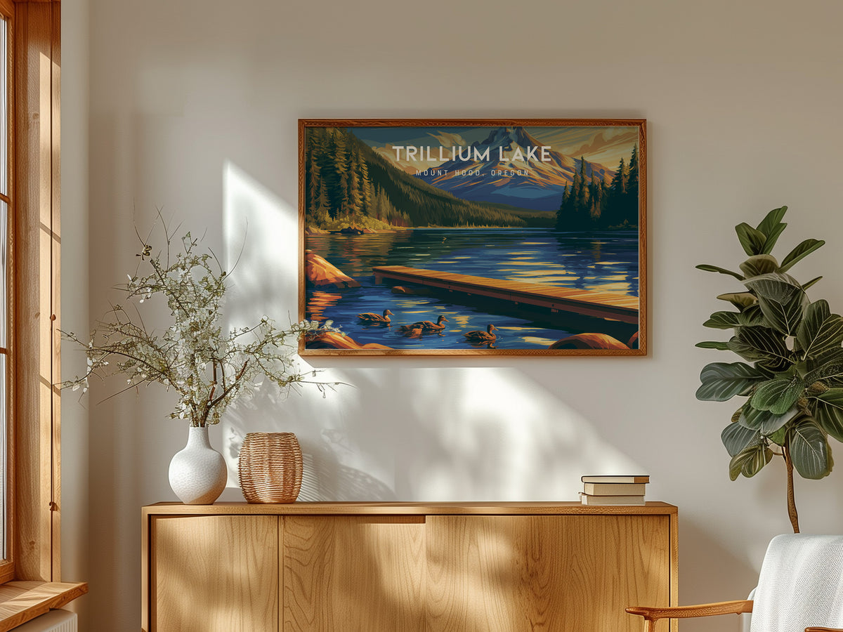 Trillium Lake Landscape Poster | Mount Hood, Oregon Framed or Unframed Vacation Wall Art — framed and ready to hang