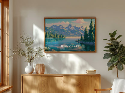 Jenny Lake Landscape Poster | Grand Teton National Park, Wyoming Framed or Unframed Travel Gift Wall Art — framed and ready t
