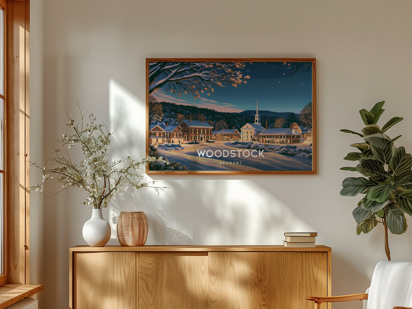 Woodstock, Vermont Landscape Poster | Charming Covered Bridge Travel Wall Art — framed and ready to hang