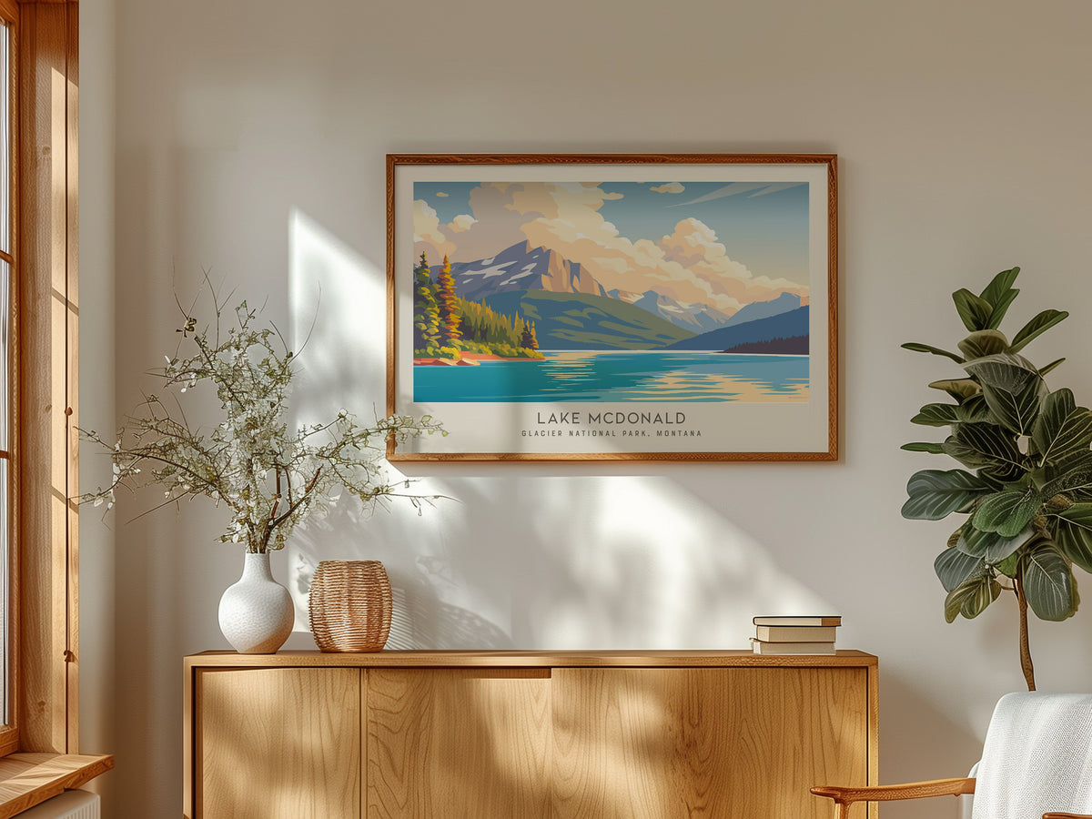 Lake McDonald Landscape Matte Border Poster | Glacier National Park, Montana Travel Wall Art — framed and ready to hang