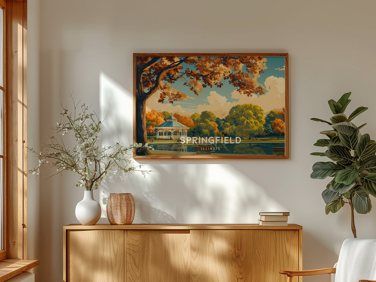 Springfield, Illinois Landscape Poster | Historic Route 66 Prairie Framed or Unframed Wall Art — framed and ready to hang
